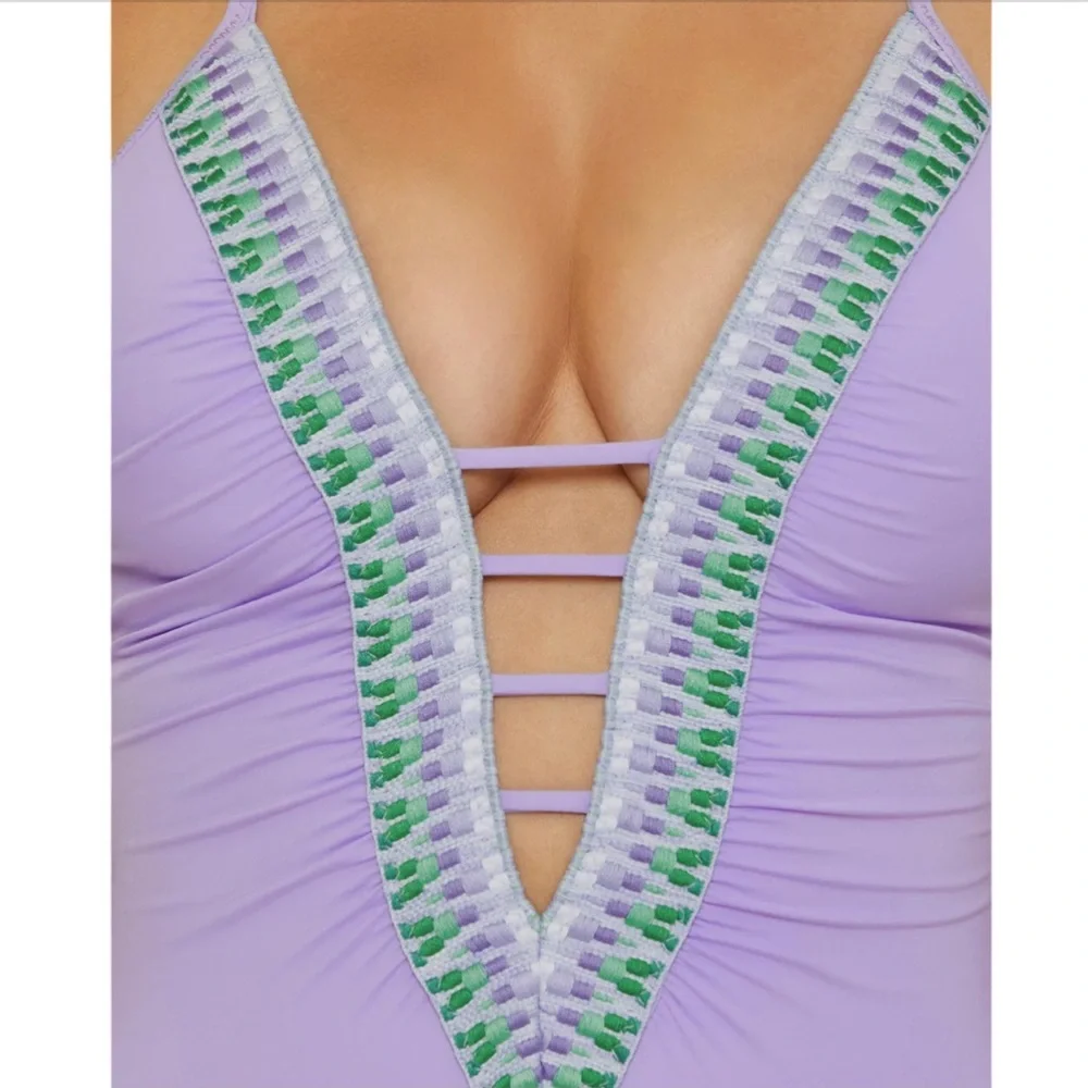 BECCA Lavender One-Piece Swimsuit with Green Trim